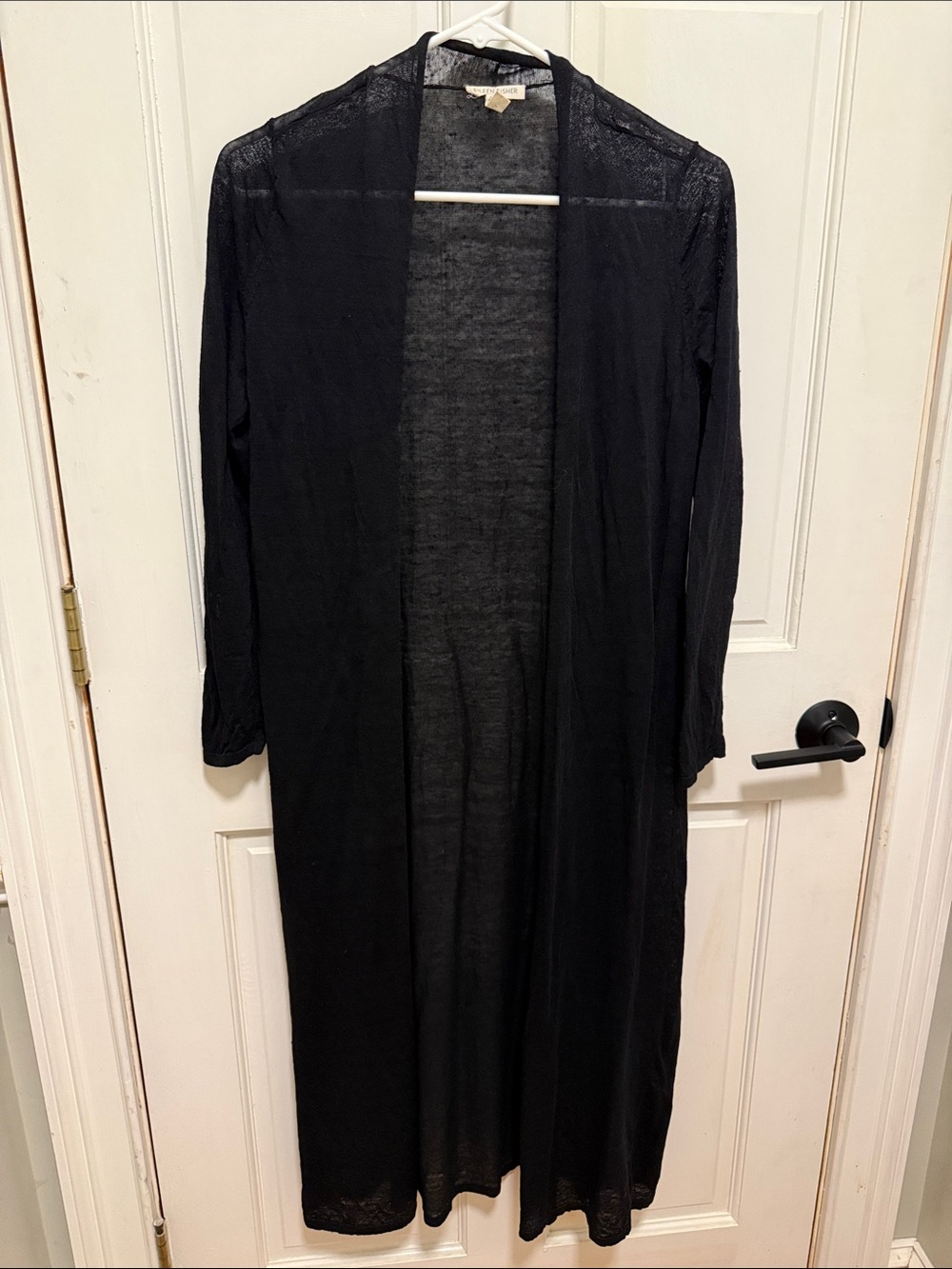 Eileen Fisher Black Sheer Longline Open-Front 100% Linen Cardigan